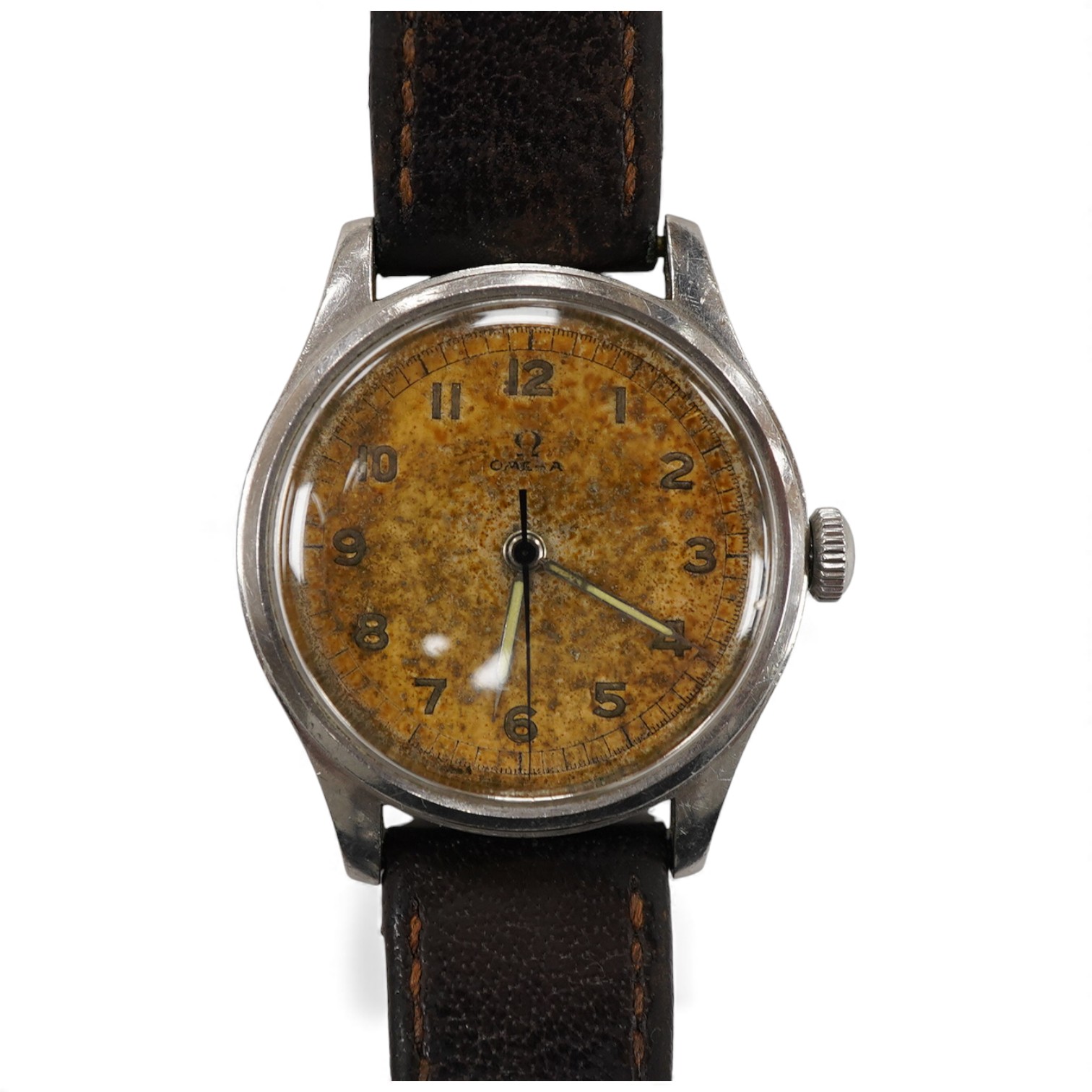 A gentleman's mid 1940's stainless steel Omega manual wind wrist watch, with Arabic dial, movement c.T2 SC PC, case diameter 35mm, on an associated leather strap, no box or papers.